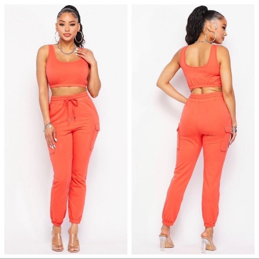 NEW ORANGE SOLID JOGGING PANTS AND CROP TOP SET